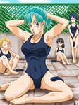 adjusting_hair android_18 aqua_eyes aqua_hair bad_id bad_pixiv_id blonde_hair breasts bulma character_request chin_rest cleavage dated dragon_ball dragon_ball_z fence karasuma_raul large_breasts lunch_(dragon_ball) medium_breasts mouth_hold multiple_girls sitting swimsuit tying_hair 