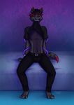  2015 4_toes anthro bed black_hair canine canned_(artist) clothed clothing digitigrade ear_piercing fangs fur grey_fur hair highlights looking_at_viewer male mammal navel nipples piercing purple_eyes sharp_teeth shirt shirt_lift sitting solo teeth toes wolf 