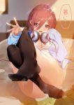  1girl absurdres ass bed black_legwear blue_eyes blue_sweater blush breasts brown_hair bsue cardigan convenient_leg eyebrows_visible_through_hair feet go-toubun_no_hanayome hair_between_eyes headphones headphones_around_neck highres indoors large_breasts legs_up light_rays long_hair long_sleeves looking_at_viewer lying nakano_miku no_bra no_panties nose_blush on_back on_bed open_cardigan open_clothes open_mouth open_shirt pantyhose pantyhose_pull shirt skirt skirt_removed solo speech_bubble steam sweat sweatdrop sweater white_shirt 
