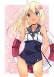  blonde_hair blue_eyes crop_top flower hair_flower hair_ornament highres inoopy kantai_collection lifebuoy long_hair one-piece_swimsuit open_mouth ro-500_(kantai_collection) sailor_collar school_swimsuit solo swimsuit swimsuit_under_clothes tan tanline 