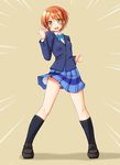  :d blazer blue_bow blue_neckwear blush bow bowtie clenched_hand emphasis_lines full_body hoshizora_rin jacket kneehighs long_sleeves looking_at_viewer love_live! love_live!_school_idol_project miniskirt navy_blue_legwear open_mouth orange_hair plaid plaid_skirt shoes short_hair simple_background skirt smile solo standing striped striped_bow striped_neckwear tan_background thumbs_up utomo v-shaped_eyebrows yellow_eyes 