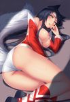  ahri animal_ears areolae ass blue_hair boots breasts breasts_outside clothes_down detached_sleeves finger_to_mouth fox_ears fox_tail from_behind korean_clothes large_breasts league_of_legends long_hair looking_at_viewer lying nipples no_pants off_shoulder on_side panties solo spichis tail thighs underwear whisker_markings white_panties 