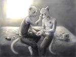  2014 anthro barefoot canned_(artist) cat clothed clothing duo feline fur greyscale hair half-dressed hi_res male mammal monochrome navel topless white_fur white_hair wounded 