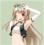  ;d armpits blush brown_eyes brown_hair crop_top elbow_gloves gloves long_hair looking_at_viewer love_live! love_live!_school_idol_project midriff minami_kotori navel no_brand_girls one_eye_closed open_mouth shiny shiny_skin simple_background smile solo utomo vest 
