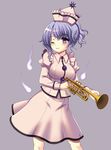  blush hanao_(kuma-tan_flash!) hat hitodama instrument lavender_eyes lavender_hair merlin_prismriver one_eye_closed purple_background solo touhou trumpet 