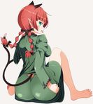  alternate_eye_color animal_ears ass ass_cutout barefoot bow braid cat_ears cat_tail dress extra_ears fang from_behind full_body green_dress green_eyes hair_bow hair_ornament highres kaenbyou_rin long_hair long_sleeves looking_at_viewer looking_back multiple_tails open_mouth pointy_ears profile puffy_sleeves red_hair simple_background sitting smile solo tail tail_slit_clothes tail_through_clothes takashi_(nekoro) touhou twin_braids 