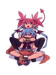  1girl anger_vein antenna_hair bat_wings belt black_gloves black_legwear blue_hair bracelet bracer crossed_arms demon_boy demon_girl demon_tail demon_wings disgaea earrings elbow_gloves erection erection_under_clothes etna gloves highres hug hug_from_behind jewelry laharl makai_senki_disgaea mini_wings pink_hair pointy_ears purple_eyes red_hair scarf shirtless short_twintails shorts sitting_on_lap slit_pupils studded_bracelet tail thighhighs twintails typo_(requiemdusk) wings 