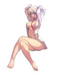  areola_slip areolae barefoot between_breasts blonde_hair blue_eyes breasts bunching_hair character_request commentary_request copyright_request covered_nipples dress_shirt drill_hair full_body korean korean_commentary medium_breasts mouth_hold navel no_bra open_clothes open_shirt panties rainmaker ribbon shirt simple_background solo underwear white_background white_panties 