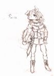  2009 anthro boots breasts canine clothed clothing english_text female footwear foria fur gun gunblade hair long_hair mammal melee_weapon monochrome ranged_weapon simple_background sketch solo sword text tigerlilylucky weapon were werewolf white_background 