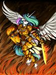  2015 anthro anthrofied armor bigger_version_at_the_source equine female fire flame_sword friendship_is_magic horn longinius mammal melee_weapon my_little_pony princess_celestia_(mlp) shield solo sword weapon winged_unicorn wings 