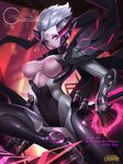  1girl alternate_costume alternate_hair_color alternate_hairstyle bodysuit breast_cutout breasts citemer cyborg fiora_laurent grey_hair league_of_legends looking_at_viewer power_armor solo 