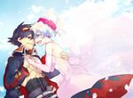  1girl blue_hair coat couple dress elbow_gloves flower gloves hair_flower hair_ornament hetero holding_hands long_coat multicolored_hair nia_teppelin pink_dress pink_wedding_dress ponytail sasato simon smile tengen_toppa_gurren_lagann two-tone_hair veil wedding_dress 