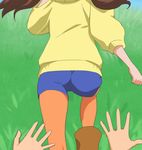  amanogawa_kirara ass brown_hair from_behind go!_princess_precure hands haruyama_kazunori head_out_of_frame legwear_under_shorts long_hair orange_legwear pantyhose pantyhose_under_shorts precure shorts solo_focus twintails 