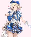  ;o alternate_costume blonde_hair blue_ribbon blue_skirt blue_vest brown_eyes buttons chestnut_mouth cowboy_shot djeeta_(granblue_fantasy) frills gloves granblue_fantasy hairband heart highres index_finger_raised kimi_to_boku_no_mirai lace lace-trimmed_gloves miniskirt moko_(alice) one_eye_closed open_mouth pink_background puffy_short_sleeves puffy_sleeves ribbon short_hair short_sleeves simple_background skirt solo thigh_gap vest white_gloves 