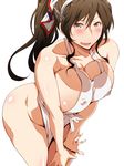  :d apron ashigara_(kantai_collection) blush breasts brown_eyes brown_hair covered_nipples fang gigantic_breasts hairband kantai_collection kunifuto long_hair looking_at_viewer naked_apron open_mouth simple_background smile solo white_background 