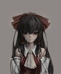  absurdres arms_at_sides ascot bow closed_mouth detached_sleeves grey_background gyup hair_bow hair_over_shoulder hair_tubes hakurei_reimu highres lips long_hair looking_at_viewer md5_mismatch red_eyes ribbon-trimmed_sleeves ribbon_trim solo touhou upper_body very_long_hair 