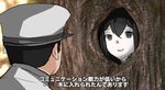  1girl :d admiral_(kantai_collection) akitsu_maru_(kantai_collection) bangs black_eyes black_hair commentary get_smart gomio_(bb-k) hair_between_eyes hat in_tree kantai_collection looking_at_another military military_uniform open_mouth parody peaked_cap short_hair smile translated tree uniform white_skin 