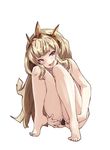  :d bangs barefoot blonde_hair blush cagliostro_(granblue_fantasy) censored full_body granblue_fantasy hairband iwasaki_takashi long_hair looking_away looking_to_the_side naughty_face nude open_mouth purple_eyes pussy pussy_juice simple_background smile solo spread_pussy squatting tiptoes tsurime white_background 