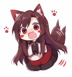  akagashi_hagane animal_ears blush_stickers brown_hair chibi dress drooling fang hands_in_opposite_sleeves imaizumi_kagerou long_hair long_sleeves open_mouth paw_print red_eyes saliva simple_background smile solo tail tail_wagging touhou white_background wide_sleeves wolf_ears wolf_tail 