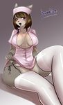  1girl artist_name blush breasts brown_hair buried_frog copyright_request curvy dog furry large_breasts looking_at_viewer open_mouth panties red_eyes short_hair sitting solo stocking thick_thighs thighhighs underwear wide_hips 