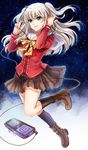  ankle_boots blue_eyes boots brown_footwear charlotte_(anime) digital_media_player earphones earphones_removed highres k_ptn long_hair school_uniform serafuku silver_hair solo tomori_nao two_side_up 