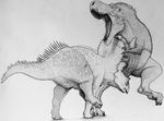  blood dinosaur fight horn open_mouth stab teeth triceratops tyrannosaurus_rex 