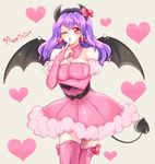  avarita_(otoca_d'or) bat_wings black_bow black_sleeves bow breast_rest breasts character_name cowboy_shot demon_tail detached_collar earrings finger_to_mouth hairband heart heart_earrings horn_bow horns jewelry large_breasts nail_polish one_eye_closed otoca_d'or pink_bow pink_legwear pink_skirt pink_sleeves purple_hair red_eyes red_nails short_hair skirt solo soumendaze standing tail thighhighs white_background wings 