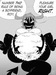  2014 animal_genitalia big_breasts blush breasts cloaca english_text female fur horn matilda_(step-monster) monochrome monster overweight raised_eyebrow sharp_teeth shyguy9 signature simple_background smile solo spreading step-monster teeth text 