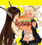  ^_^ bacon black_hair budget_sarashi cape carrying closed_eyes eating food fried_egg glasses hamburger headgear kantai_collection kobone long_hair multiple_girls musashi_(kantai_collection) nagato_(kantai_collection) navel open_mouth pleated_skirt sarashi skirt 