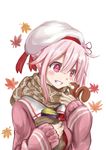  autumn_leaves beret blush brown_scarf cardigan flower food grin hair_flower hair_ornament harusame_(kantai_collection) hat highres kantai_collection koyori-018 pink_eyes pink_hair scarf school_uniform side_ponytail simple_background sleeves_past_wrists smile solo squirrel sweet_potato upper_body white_background 