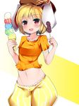  1girl animal_ears blonde_hair blush bunny_ears doku_corne flat_cap food hat highres ice_cream ice_cream_cone looking_at_viewer midriff navel open_mouth orange_shirt pants red_eyes ringo_(touhou) shirt short_hair short_sleeves smile solo too_many touhou 