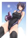  blush breasts collarbone eyepatch gloves groin headgear kantai_collection large_breasts looking_at_viewer looking_down purple_hair short_hair solo swimsuit tenryuu_(kantai_collection) thighhighs ulrich_(tagaragakuin) yellow_eyes 