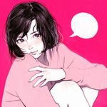  bangs black_hair blush bob_cut contemporary grey_eyes ilya_kuvshinov lips messy_hair original pink_sweater short_hair simple_background solo sweater swept_bangs 