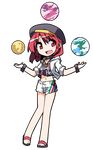  adapted_costume alternate_costume bracelet clothes_writing collar crop_top earth full_body hat hecatia_lapislazuli hemogurobin_a1c jacket jewelry juggling midriff moon navel open_clothes open_jacket open_mouth red_eyes red_hair shorts smile solo touhou transparent_background 