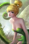  1girl bare_shoulders blonde_hair breasts chubymi cleavage collarbone disney dress high_ponytail looking_at_viewer peter_pan_(disney) solo tinker_bell_(disney) 