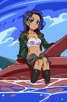  1girl blue_hair cloud clouds green_eyes gundam gundam_unicorn loni_garvey military_uniform open_jacket panties rakuraku shamblo sky underwear water wet wet_clothes 