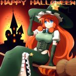  alternate_costume bat blue_eyes braid breasts broom broom_riding castle corset elbow_gloves english gloves green_gloves green_panties halloween halloween_costume hat highres hong_meiling large_breasts long_hair panties puffy_short_sleeves puffy_sleeves red_hair shirosato shirt short_sleeves sidesaddle skirt smile solo star touhou twin_braids underwear very_long_hair vest witch_hat 