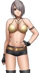  breasts brown_eyes cleavage collar crimson_comics hair_over_one_eye hand_on_hip large_breasts looking_at_viewer short_shorts shorts silver_hair solo transparent_background 