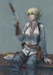  arm_support belt blonde_hair blue_eyes blue_pants box bullet cigarette ear_piercing gun highres holding holding_gun holding_weapon jittsu lever_action long_hair looking_at_viewer mare's_leg mouth_hold original pants piercing ponytail shirt sitting smoking solo thigh_strap weapon white_shirt 