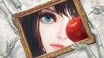  afrostar apple bangs blue_eyes close-up closed_mouth eyelashes eyes food frame fruit hair_between_eyes hands highres looking_at_viewer magata_shiki mannequin one_eye_covered out_of_frame pointing red_lips solo subete_ga_f_ni_naru 