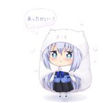  1girl aoi_kanan blue_eyes chestnut_mouth chibi gochuumon_wa_usagi_desu_ka? himouto!_umaru-chan hood kafuu_chino lavender_hair long_hair objectification parody rabbit_house_uniform solo tippy_(gochiusa) translated 