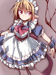  ascot blonde_hair collared_shirt dress hemogurobin_a1c looking_at_viewer maid maid_headdress mugetsu necktie pantyhose pointy_ears puffy_short_sleeves puffy_sleeves red_eyes sash shirt short_hair short_sleeves smile solo touhou touhou_(pc-98) wrist_cuffs 