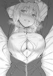  bed_sheet blush bow bowtie breasts breath collared_shirt commentary_request deras erect_nipples eyebrows_visible_through_hair jacket large_breasts long_sleeves looking_at_viewer lying on_back on_bed open_clothes open_jacket paizuri_invitation shinjou_akane shirt short_hair smile solo ssss.gridman sweat upper_body wing_collar 