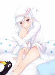  bare_legs barefoot chestnut_mouth hammer_and_sickle hat hibiki_(kantai_collection) highres kantai_collection kiyomin long_hair long_sleeves pillow purple_eyes shirt sitting solo star stuffed_animal stuffed_toy verniy_(kantai_collection) white white_background white_hair white_shirt 