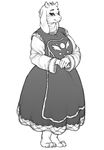  anthro barefoot blush caprine claws clothed clothing crookedtrees crossed_arms dress female goat horn looking_at_viewer mammal monochrome simple_background smile solo tiptoes toriel undertale white_background wide_hips 