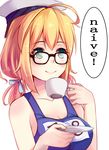  blonde_hair blue_eyes breasts cup dish french glasses hat i-8_(kantai_collection) kantai_collection long_hair low_twintails medium_breasts name_tag one-piece_swimsuit peaked_cap qunqing school_swimsuit smile solo swimsuit twintails 