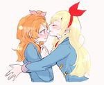  2girl 2girls aikatsu! blonde_hair blush brown_hair eyes_closed female hoshimiya_ichigo kiss long_hair multiple_girls oozora_akari pink_bow profile red_bow red_eyes ribbon simple_background white_background yuri 