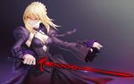  artoria_pendragon_(all) ba_xiao blonde_hair breasts cleavage cowboy_shot dark_excalibur dress fate/stay_night fate_(series) grey_background long_sleeves medium_breasts saber_alter sideboob solo sword weapon yellow_eyes 