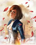  1girl bioshock bioshock_infinite blood blue_eyes breasts brown_hair choker cleavage elizabeth_(bioshock_infinite) looking_at_viewer open_mouth short_hair solo tears 