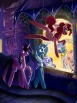  canterlot friendship_is_magic grin jumping mannequin my_little_pony night open_mouth pinkie_pie_(mlp) raised_hoof rarity_(mlp) sign skyeypony smile trixie_(mlp) twilight_sparkle_(mlp) walking 